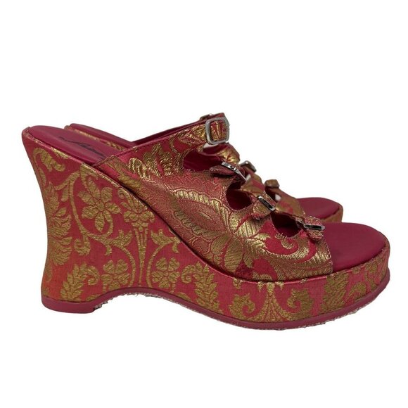 Free People Huffman Pink Gold Brocade Pattern Wedge Sandals - Picture 2 of 8